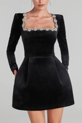 Women Spring Clothing Elegant Square Collar Diamond Inlaid Short Velvet Dress - Wanita Store