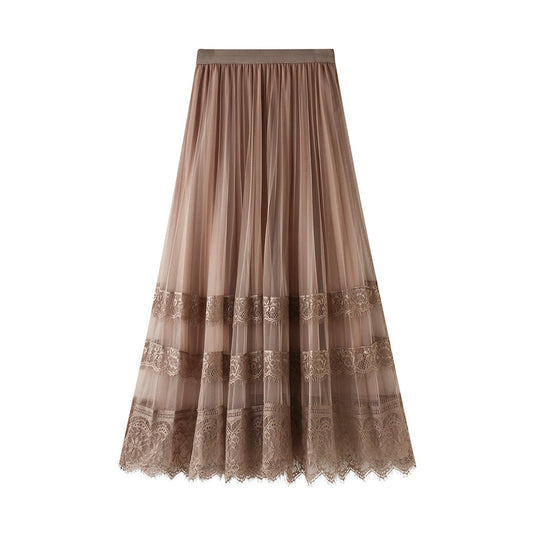 Skirt Spring Korean High Waist Lace Patchwork Tulle Skirt Women Pleated Skirt A Line Midi Skirt