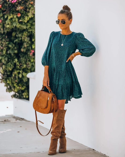 Autumn Winter Women Clothing Floral Print Slit Long Sleeved Bubble Sleeve Dress Women