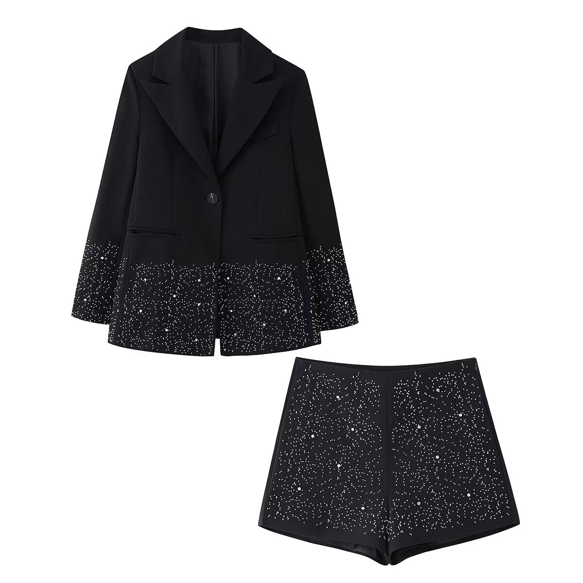 Spring Women Casual Artificial Jewelry Inlaid Embroidered Blazer High Waist Shorts Set - Wanita Store