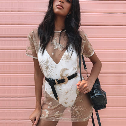 Sexy See through Tulle Sequ Sunscreen T shirt Dress Women - Wanita Store