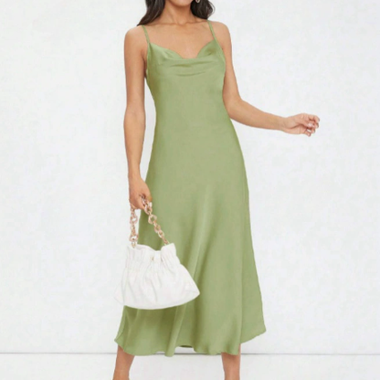 Women Clothing Spring Summer Satin Sling Deep V Plunge neck Slim Solid Color Dress - Wanita Store