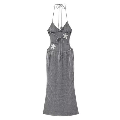 Vestido de noche microtransparente sin espalda con escote en V profundo, tirantes, corte entallado, elegante y a la moda para mujer