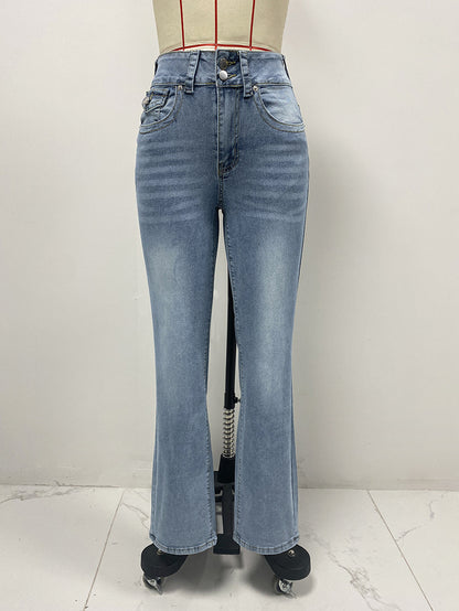 Spring Double Button Mid Waist Straight Jeans Women Slim Trousers - Wanita Store