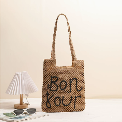 Letter Graphic Embroidery One Shoulder Straw Bag Hollow Out Cutout out Straw Bag Woven Bag Vacation Beach Bag Women Bag - Wanita Store
