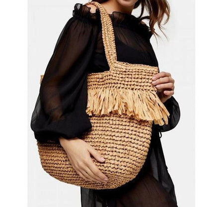 Straw Bag Woven Bag Tassle Straw Bag Seaside Vacation Beach Bag Shoulder Portable Large Capacity Women Bag - Wanita Store