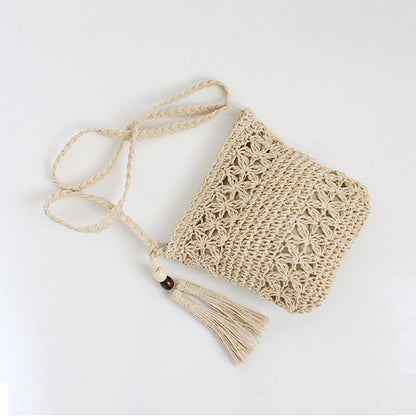 Wooden Bead Tassel Straw Bag Hollow Out Cutout Floral Crossbody Bag Tassel Straw Bag Woven Bag Holiday Beach Bag - Wanita Store