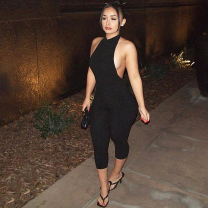 Women Clothing Summer Solid Color Sleeveless Halter Backless Sexy Slim Fit Bodysuit - Wanita Store