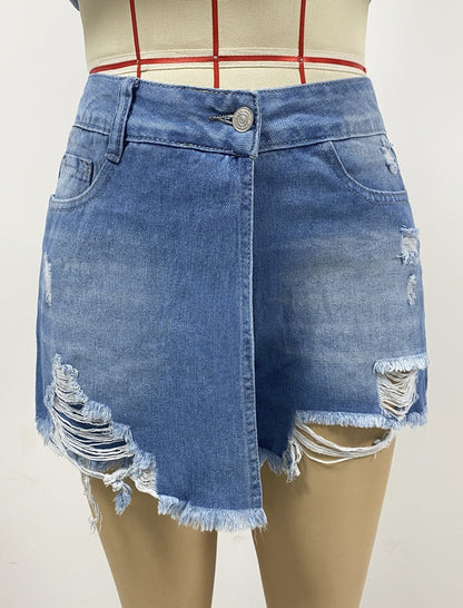 Summer Casual Washed Broken Holes Pants Skirt Light Blue Women Denim Shorts - Wanita Store