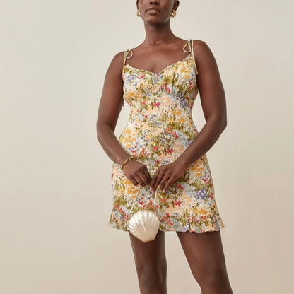 Vestido sin espalda sexy con estampado floral y cuello anudado para mujer