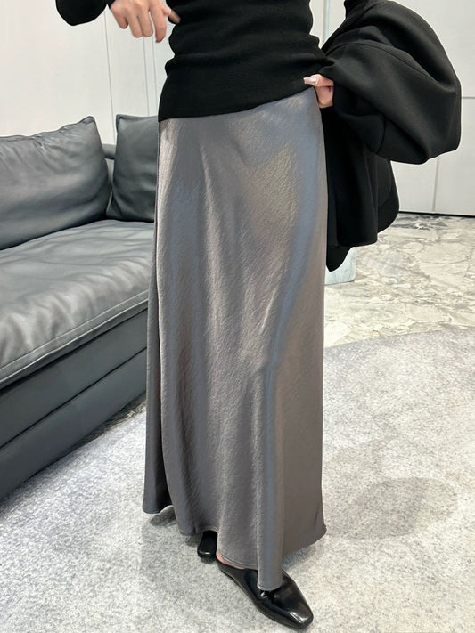 Acetate Satin Fishtail Skirt Women Simple Graceful Drooping Slimming Sheath A line Mid Length Skirt
