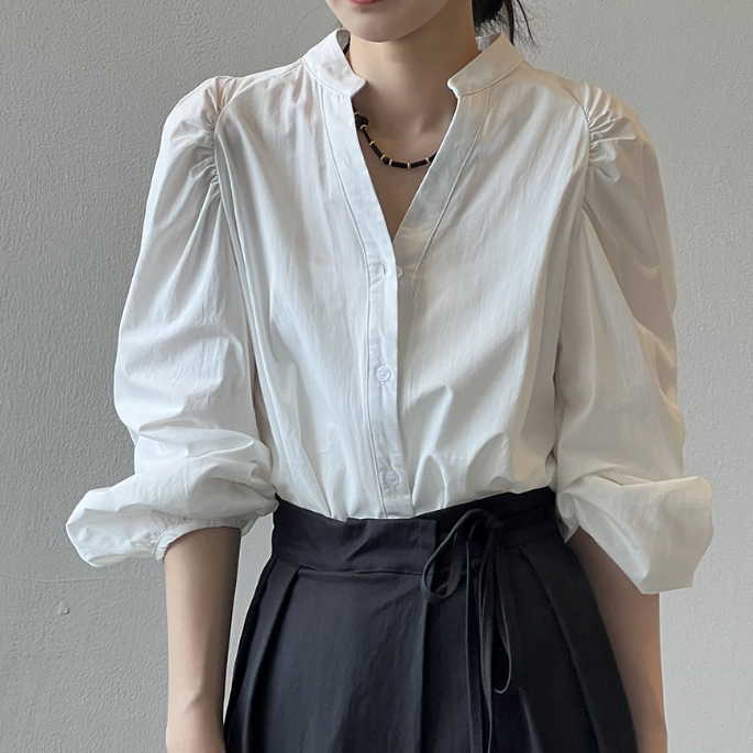 Stand Collar Shirt Women Spring Pleated Puff Sleeve Baby Shirt