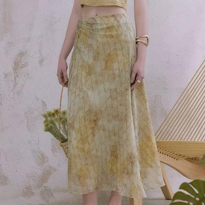 Women Clothing Summer Holiday Blooming Printed Pull Belt Chiffon Irregular Asymmetric Skirt - Wanita Store