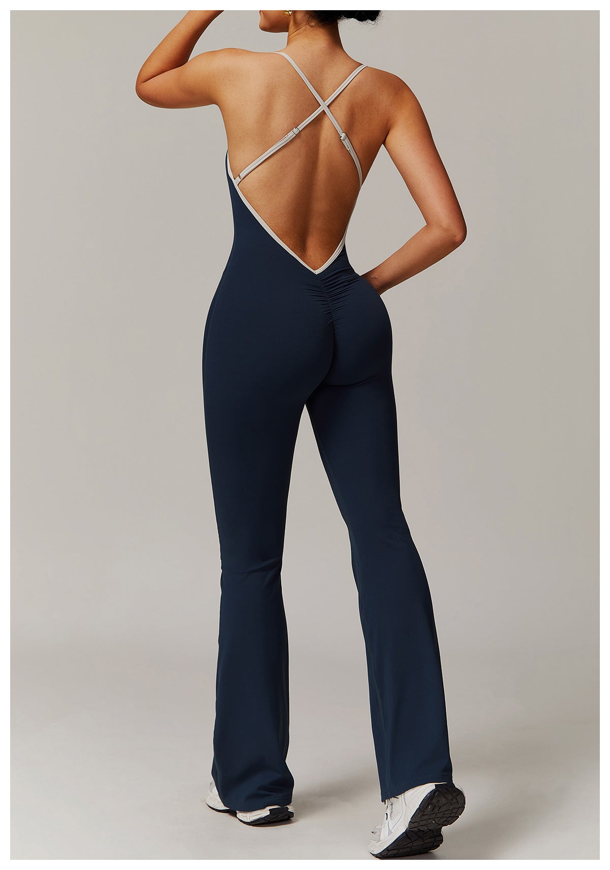 Sollinarry Nude Feel Cross Beauty Back Yoga Jumpsuit Pleated Slightly Pull Running Sports Fitness Horn Jumpsuit