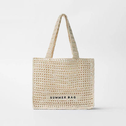 Summer Fairy Hollow Out Cutout out Straw Bag Niche One Shoulder Portable Letter Graphic Woven Bag Women Seaside Vacation Beach Bag - Wanita Store
