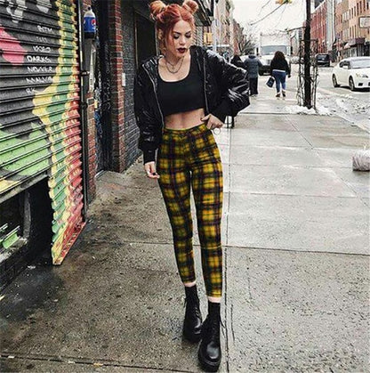 Popular Plaid High Waist Leggings Women Casual Pants Stretch Feet Pants Pencil Pants - Wanita Store