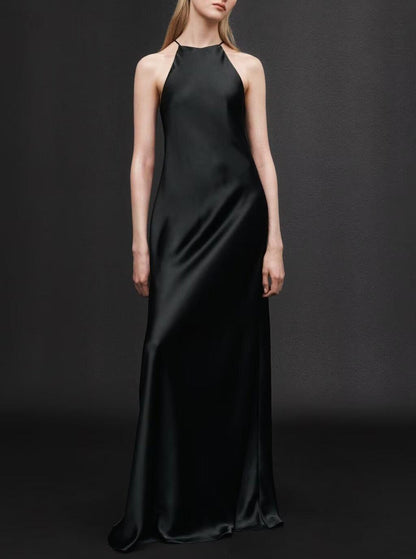 Summer Women Clothing Minimalist Elegance Sleeveless Slim round Neck Silk Satin Texture Midi Dress - Wanita Store