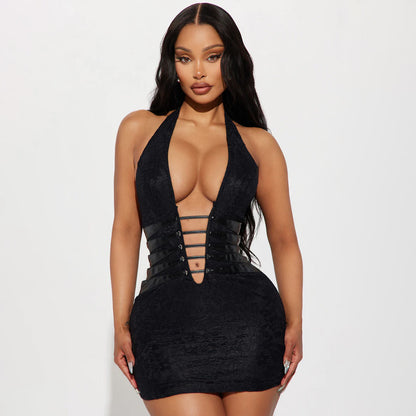 Women Sexy Deep V Plunge Hollow Out Cutout Backless Night Club Halter Sheath Dress - Wanita Store