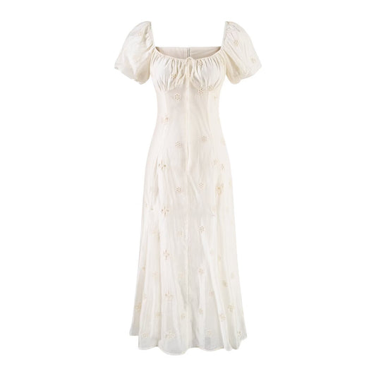 Gentle Sexy Dignified Hollow Out Cutout Embroidery Tie Neck Dress Women Summer Holiday Slimming Dress