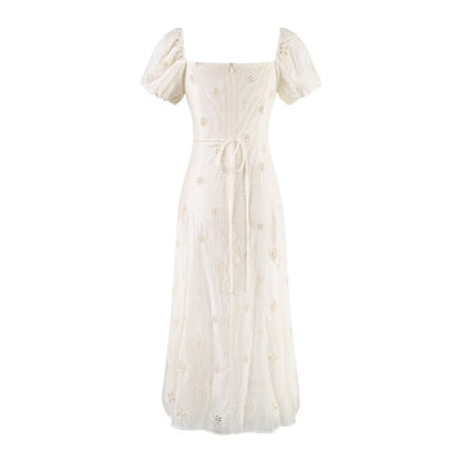 Gentle Sexy Dignified Hollow Out Cutout Embroidery Tie Neck Dress Women Summer Holiday Slimming Dress - Wanita Store