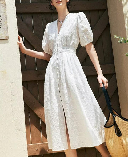 Mid Length Lace Cotton Embroidery Tea Dress - Wanita Store