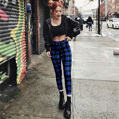 Popular Plaid High Waist Leggings Women Casual Pants Stretch Feet Pants Pencil Pants - Wanita Store