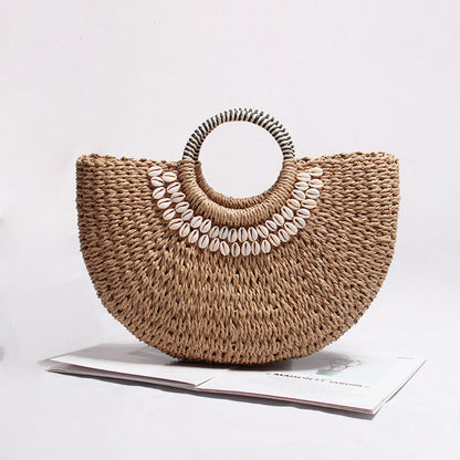 All Match Straw Bag Semicircle Rattan Weave Bag Woven Bag Portable Mori Girl Vacation Beach Bag - Wanita Store
