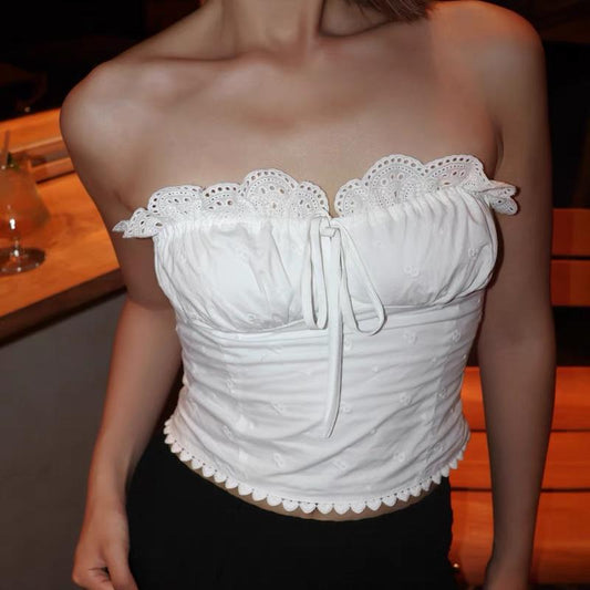 Sexy Lace Tube Top Short Vest Summer Women Tight Drawstring Lace Bottoming Top
