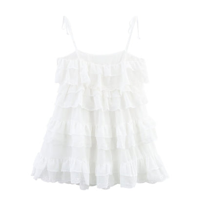 Women Clothing Summer French Embroidery Laminated Decoration Short Strap Dress - Wanita Store