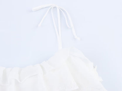 Women Clothing Summer French Embroidery Laminated Decoration Short Strap Dress - Wanita Store