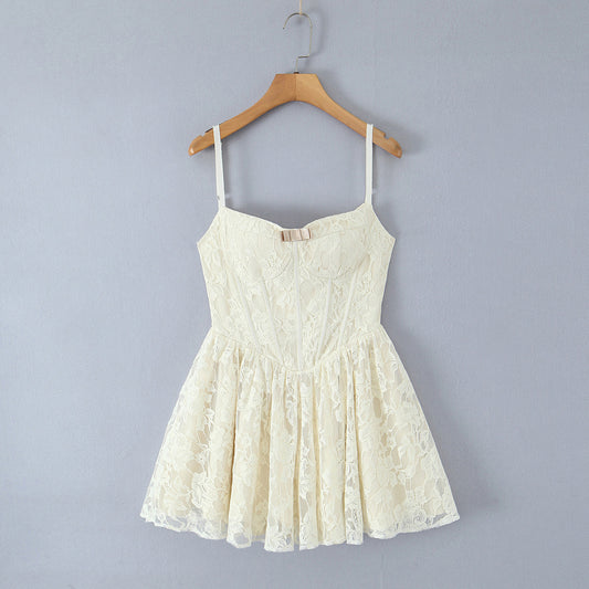 Sexy Sweet Lace Embroidered Boning Corset Tight Waist Suspender Dress Summer Slim Fit Large Swing