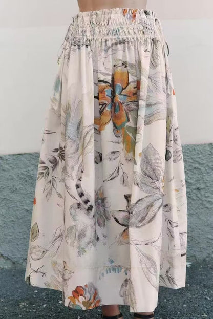 Rayon Printed Elastic Waist Vacation Casual Skirt Summer Midi Dress Women - Wanita Store