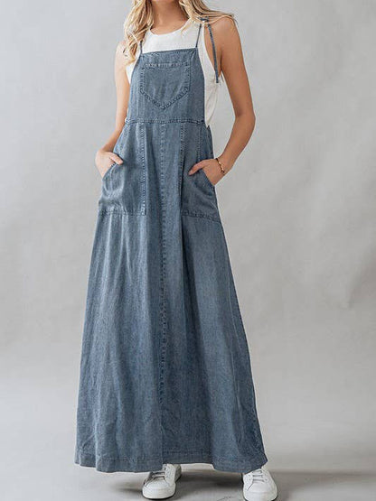 Ladies Summer Dress Lace up Tooling Denim Washed Multi Pocket Dress - Wanita Store