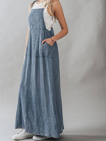 Ladies Summer Dress Lace up Tooling Denim Washed Multi Pocket Dress - Wanita Store