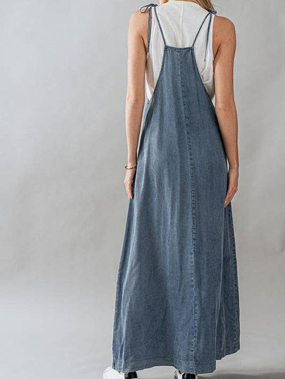 Ladies Summer Dress Lace up Tooling Denim Washed Multi Pocket Dress - Wanita Store