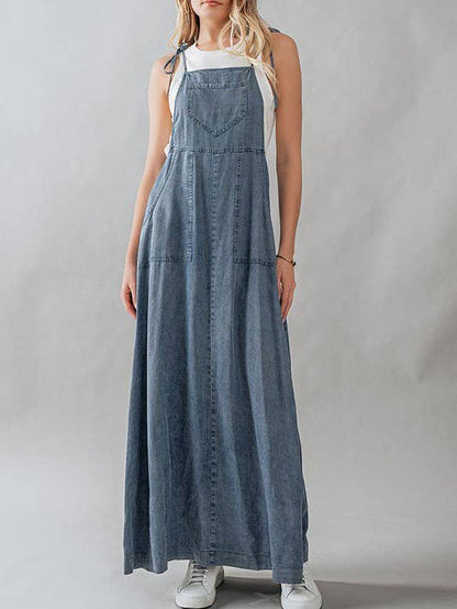 Ladies Summer Dress Lace up Tooling Denim Washed Multi Pocket Dress - Wanita Store