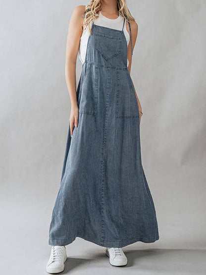 Ladies Summer Dress Lace up Tooling Denim Washed Multi Pocket Dress - Wanita Store