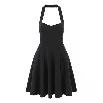 Summer Hepburn Gold Elegant Little Black Dress Women Waist Trimming Lace up Sexy Halter Dress - Wanita Store