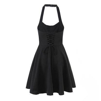 Summer Hepburn Gold Elegant Little Black Dress Women Waist Trimming Lace up Sexy Halter Dress - Wanita Store