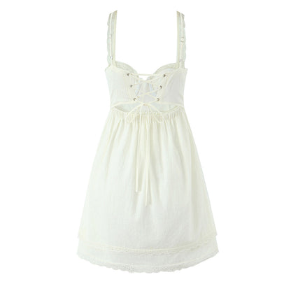 French Slim Fit V neck Lace Lace up Waist Controlled A line Sling Dress - Wanita Store