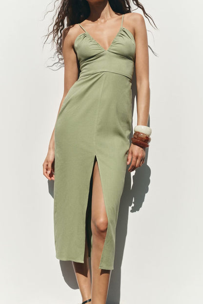 Women Clothing Solid Linen Midi Sling Dress - Wanita Store
