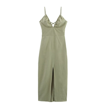 Women Clothing Solid Linen Midi Sling Dress - Wanita Store