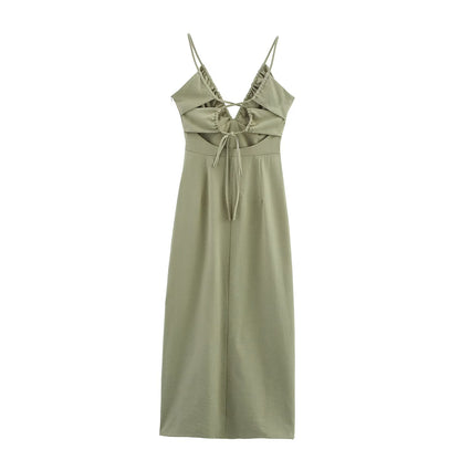 Women Clothing Solid Linen Midi Sling Dress - Wanita Store