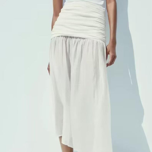Women Pleated Decorative Stitching Mid Waist Midi Skirt