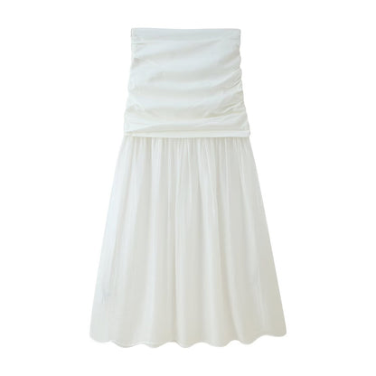 Women Pleated Decorative Stitching Mid Waist Midi Skirt - Wanita Store