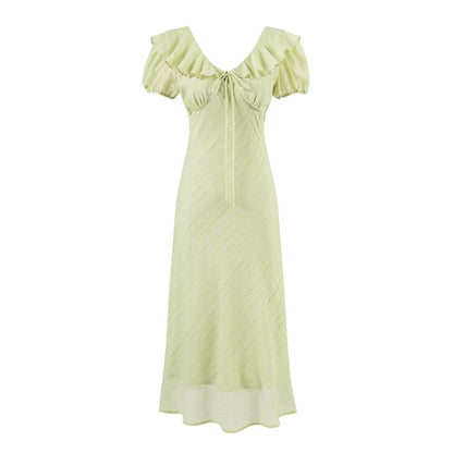 Tea Break Green Dress Women Summer Gentle Ruffled Waist Controlled V neck Dress - Wanita Store