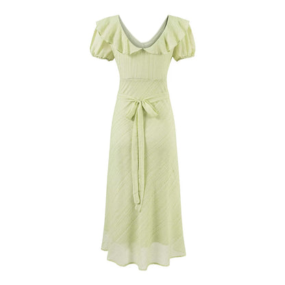 Tea Break Green Dress Women Summer Gentle Ruffled Waist Controlled V neck Dress - Wanita Store