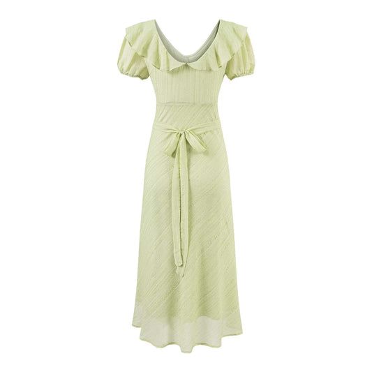 Tea Break Green Dress Women Summer Gentle Ruffled Waist Controlled V neck Dress
