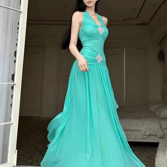 Summer Women Clothing High Elastic Mesh Beads Decoration Large Swing Lace up Halterneck Dress