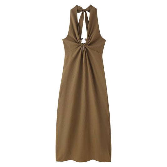 Women Clothing Spring Buckle Decoration Pleated Hanging Collar Dress